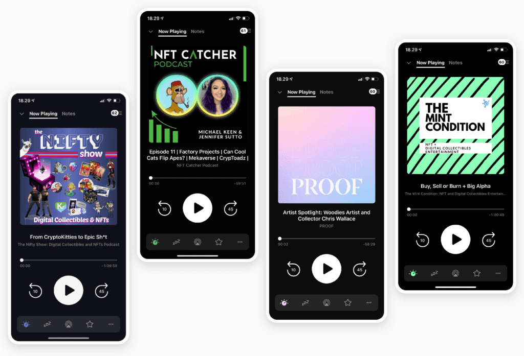 screenshot of different NFT spotify podcasts