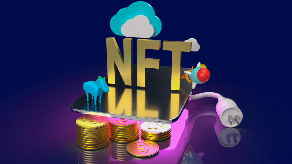 3D illustration of ethereum coins with the text "NFT"