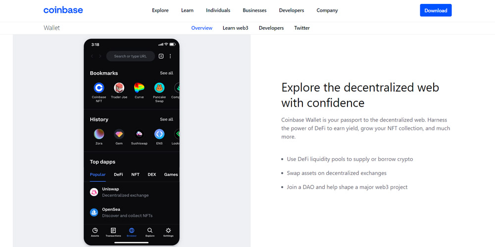 Coinbase wallet main page and smartphone with functions