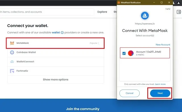 Connecting your wallet to the OpenSea account