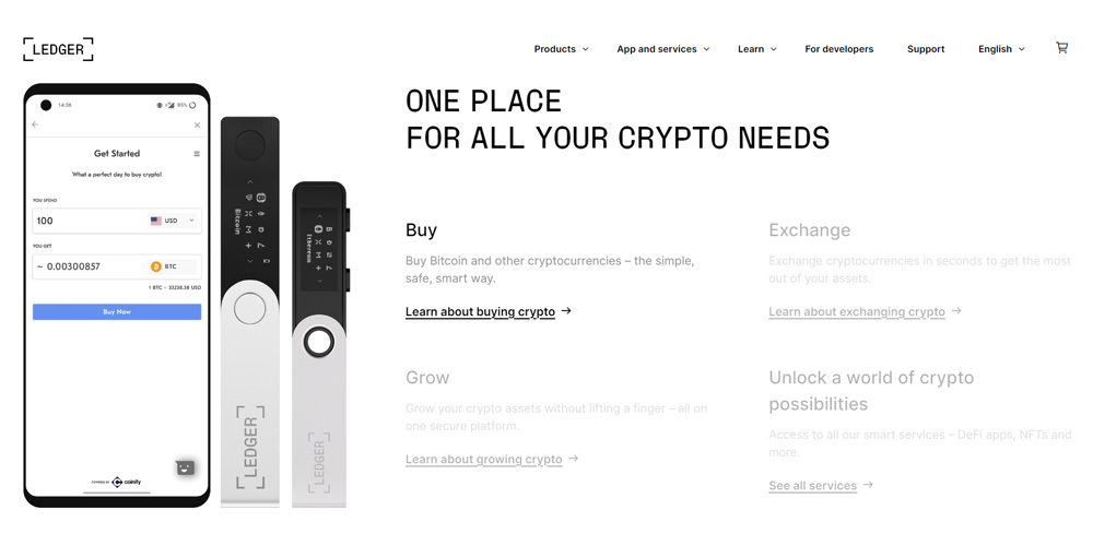 Ledger hardware wallet main pages and products