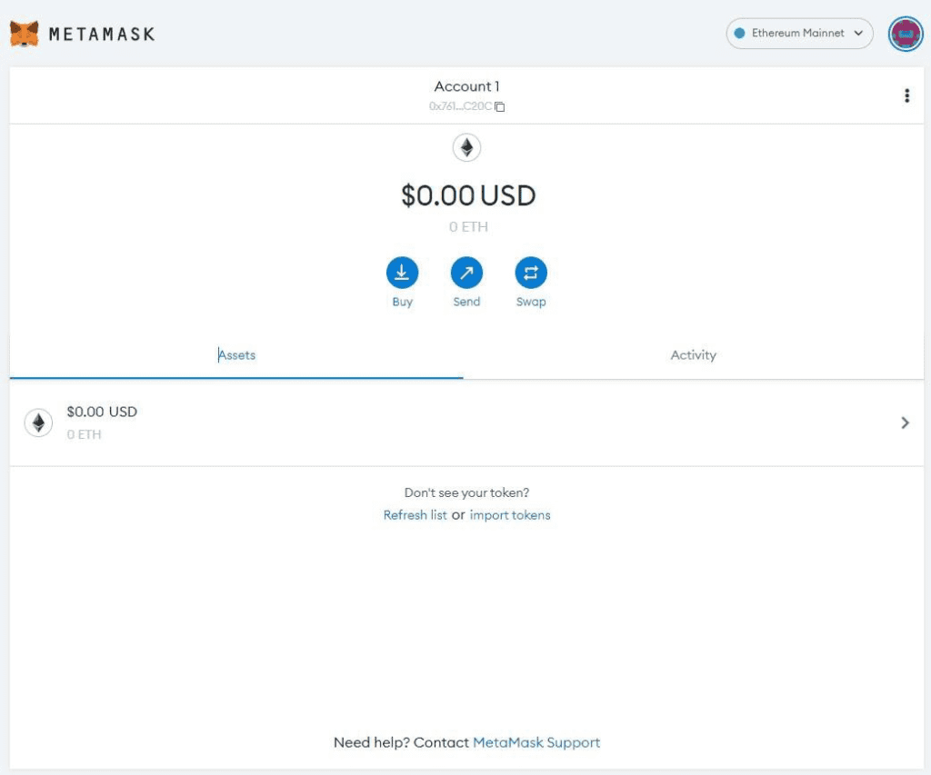 Metamask interface to deposit funds