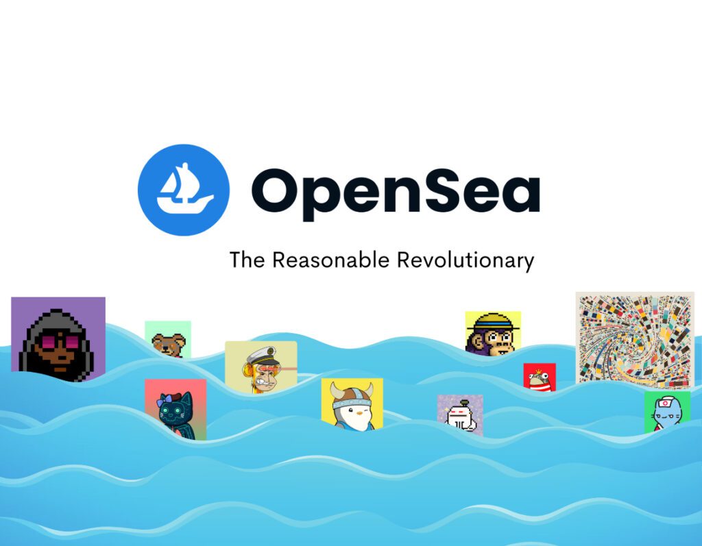 OpenSea logo and moto, with NFTs on the sea