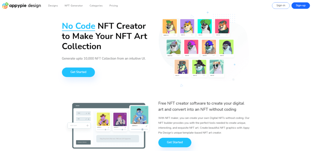 Screenshot for appypie design no code nft creator to make your nft art collection