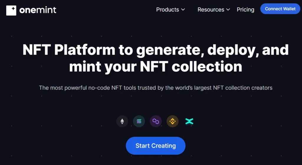 screenshot of the Onemint website which has codeless nft graphics generation software