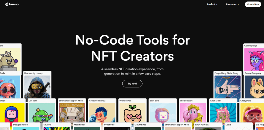 site screenshot Bueno- No-code tools for nft creators