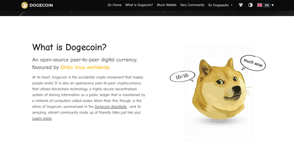 Dogecoin main page and description