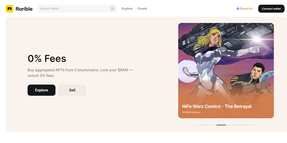 Rarible main page and the NiFe Wars comics NFT