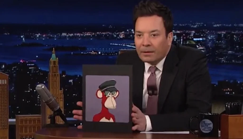 Jimmy Fallon holding Bored Ape Yacht Club picture