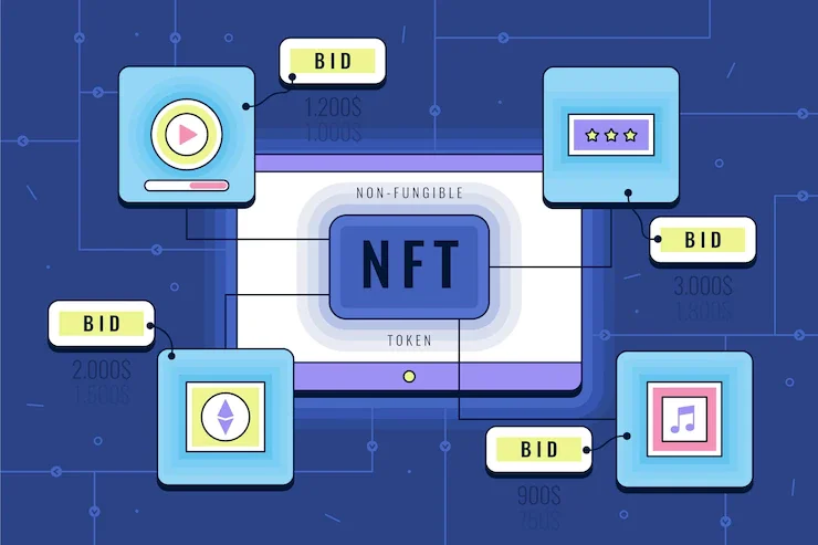 illustration showing different types of NFTs being displayed with tags saying "bid"
