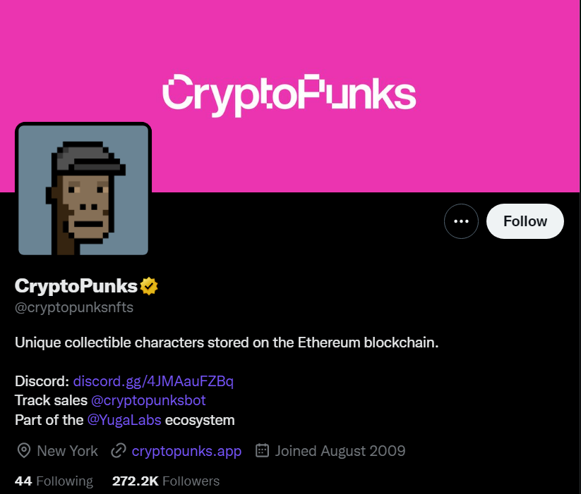 screenshot from the cryptopunks official profile on twitter