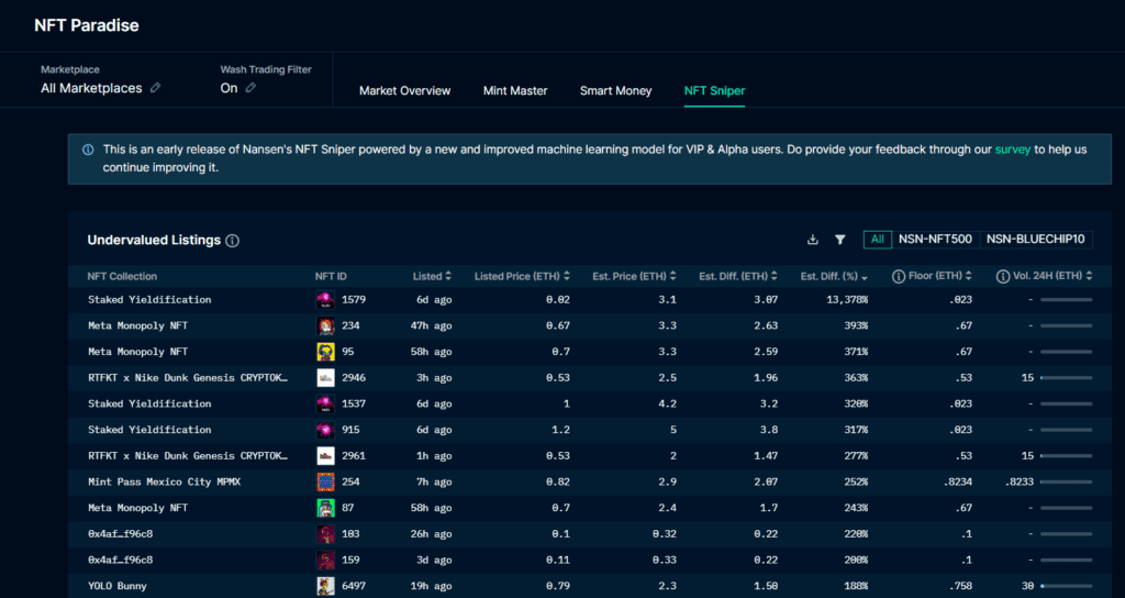 screenshot from the website NFT paradise showing different projects and their data