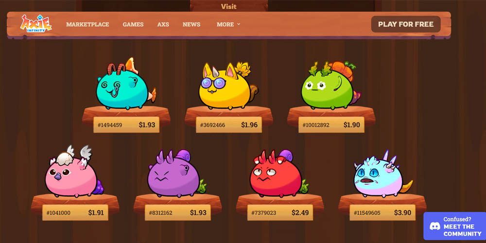 Axie Infinity main page and several axies to choose 