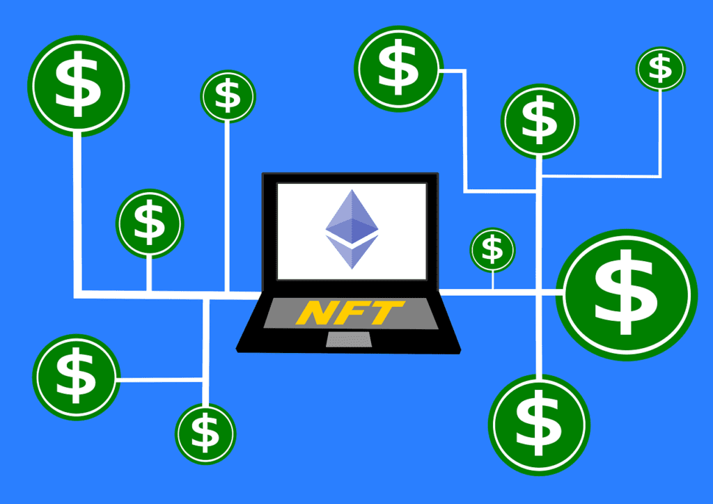 Computer with NFT with dollar vector coming out of it