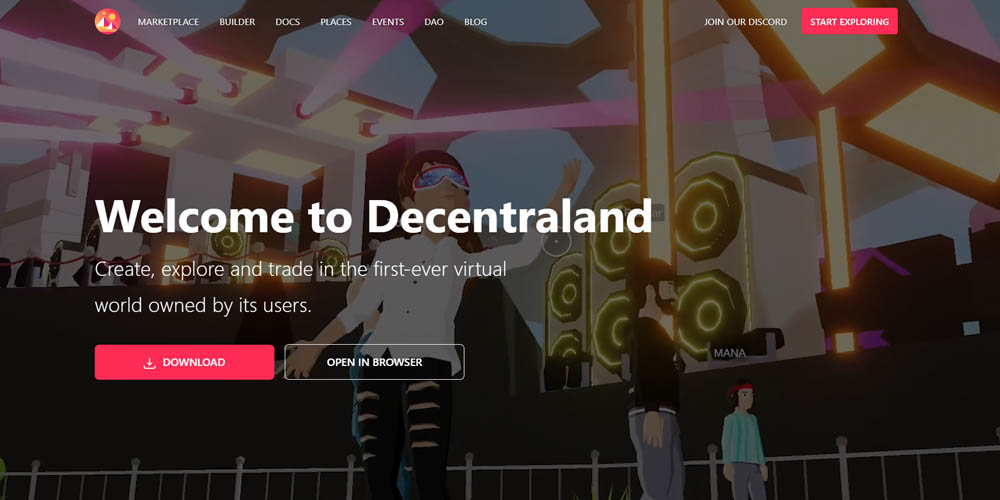 Decentraland main page and a character dancing on a party