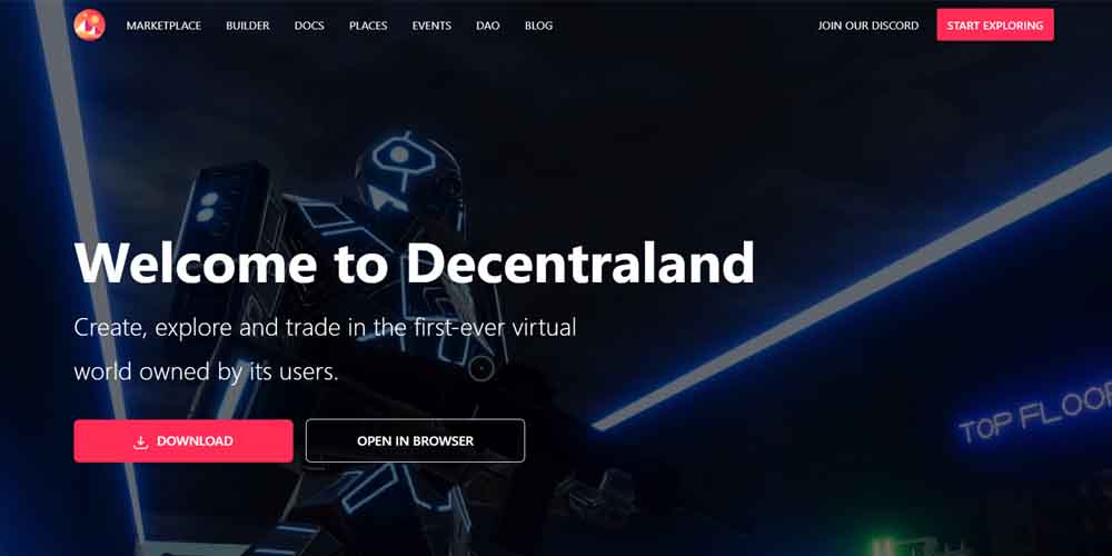 Decentraland main page  and main menu