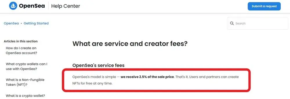 OpenSea service fee for each sale