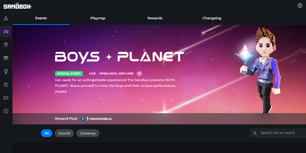 The Sandbox main page and special event Boys Planet