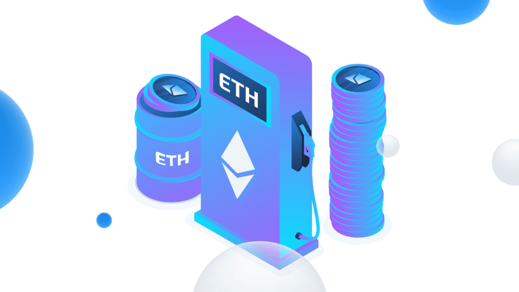 illustration of a gas pump saying ETH along with multiple coins displaying the logo from Ethereum network