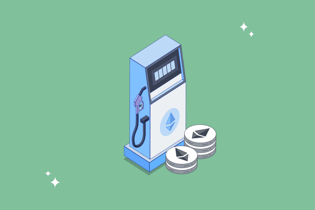 illustration of a gas pump with the ethereum logo along with coins and a green background