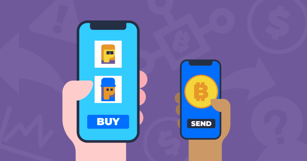 illustration of a hand holding a phone displaying NFT arts and other hand holding a phone displaying an ethereum coin