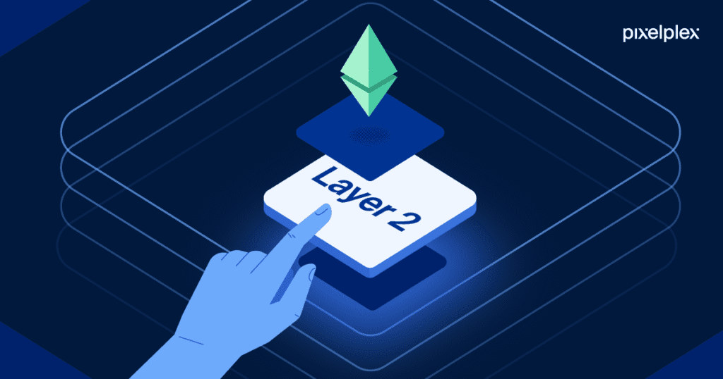 illustration of a hand touching a square that says layer 2 along with the ethereum symbol at the top of it