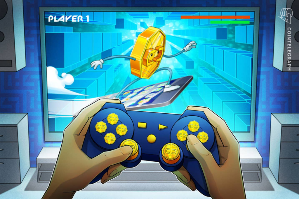 illustration of a person playing a video game displaying a giant coin as a character