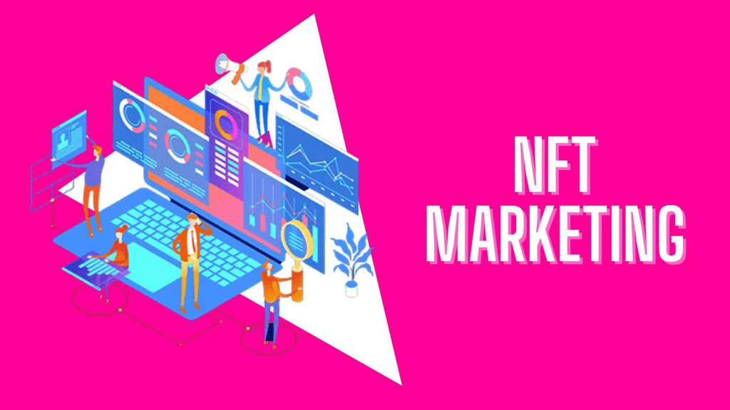 illustration of multiple people analyzing graphics along with the text "NFT marketing" on the side