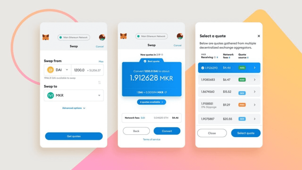 image showing multiple menus of the metamask wallet along with some of the blockchains supported by the platform