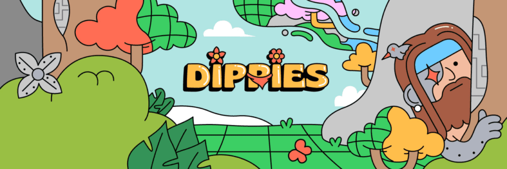 picture from Dippies campaign showing one of the hippies hugging a tree along with other graphic elements
