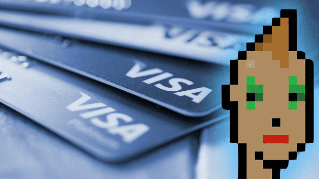 picture showing multiple visa credit cards along with the image of a cryptopunk NFT