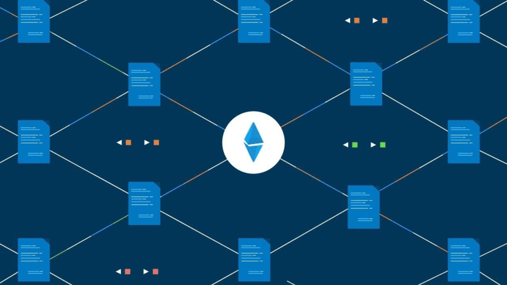 picture showing the ethereum logo along with multiple papers representing the operation occurring in the blockchain