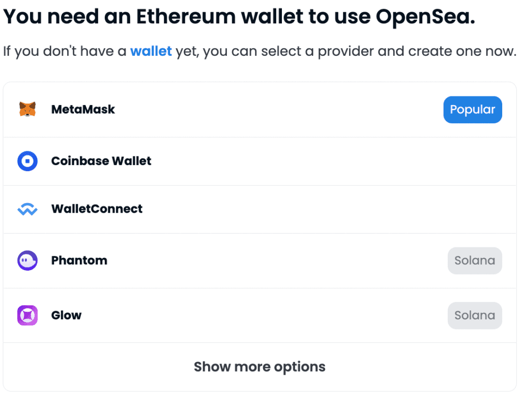 screenshot from OpenSea showing the main options of crypto wallets supported by the website