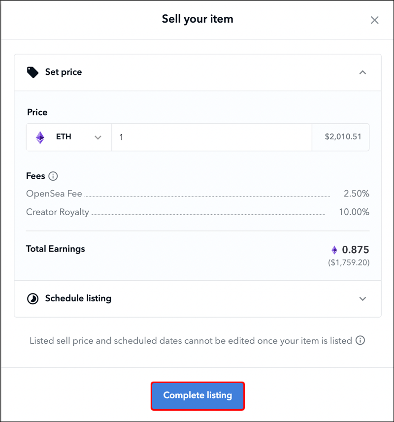 screenshot from opensea showing its fees policy along with a creator royalty percentage