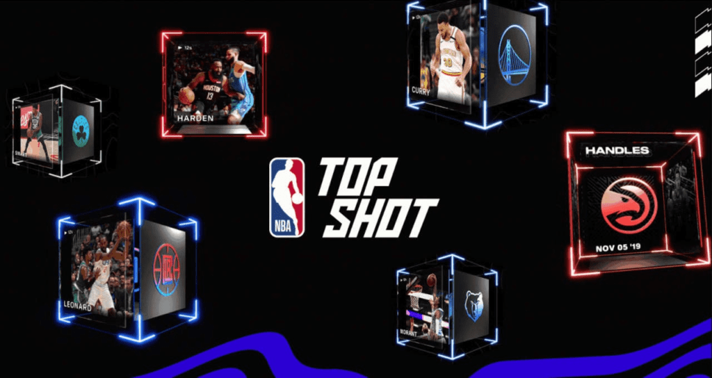 screenshot from the NBA top shot collection showing multiple pieces from the NFT project along with the NBA logo in the middle
