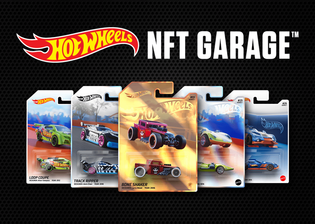 screenshot from the NFT project from Hot Wheels showing multiple assets that were sold along with the rarity of each car