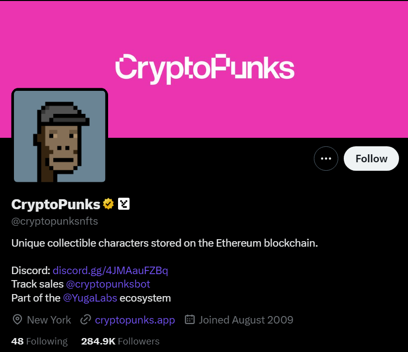 screenshot from the official twitter profile of the cryptopunks nft collection