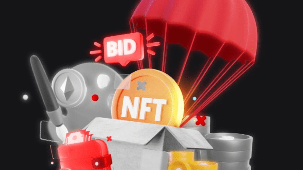 image of a box with a coin saying NFT inside and a parachute attached to it