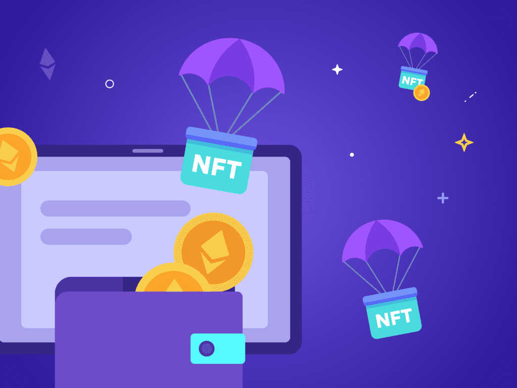 image showing multiple NFTs with parachute attached and a virtual wallet with coins inside