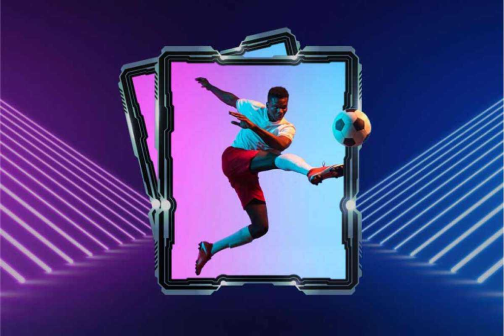 image of an NFT showing a soccer player in the center of the image with a silver frame around it