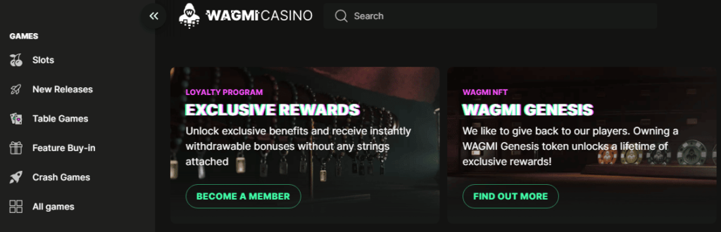 screenshot from Wagmi Casino's interface showing the different menus and options you can have regarding their rewards system and NFTs