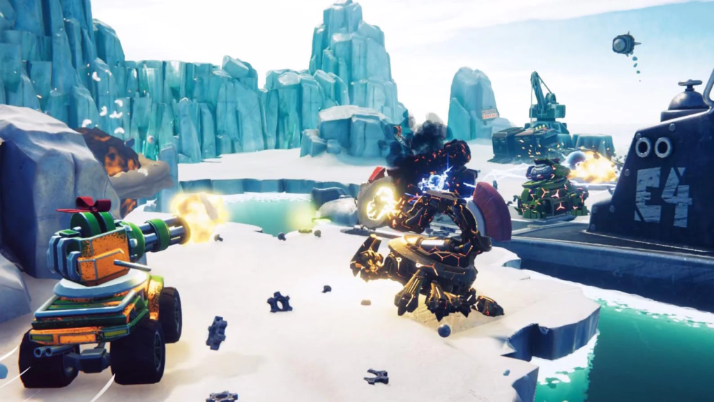 screenshot from spider tanks showing multiple vehicles shooting at each other and destroying other players along with a frozen lake on the background