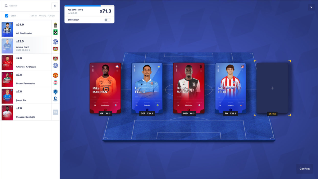 screenshot from the Sorare fantasy football game showing the five players being used to play along with a blue background