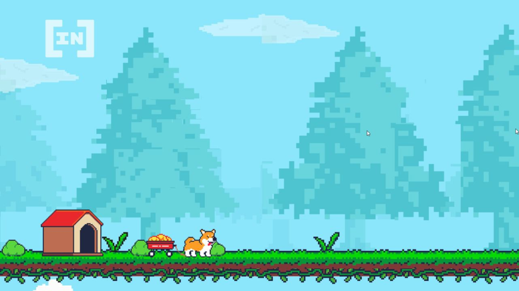 screenshot from the game Tamadoge Arcade showing a shiba along with multiple trees on the background