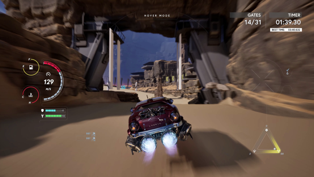 screenshot from the game star atlas showing a spaceship being used to race in an alien desert