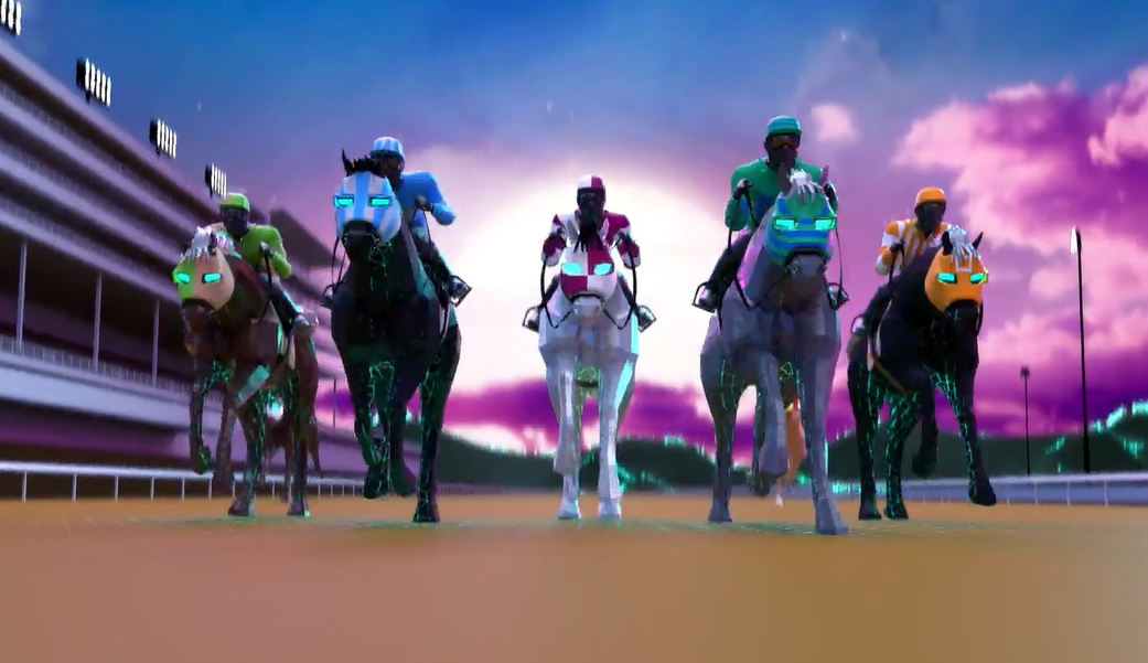screenshot from the title Game of Silks showing multiple horses from different breeds and colors