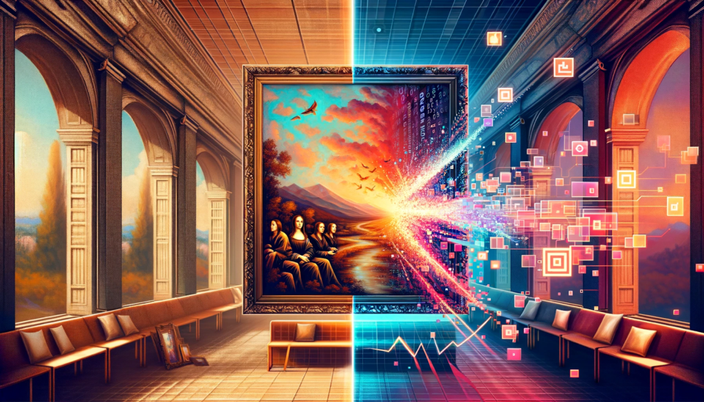 image showing a painting divided in half with two different art styles